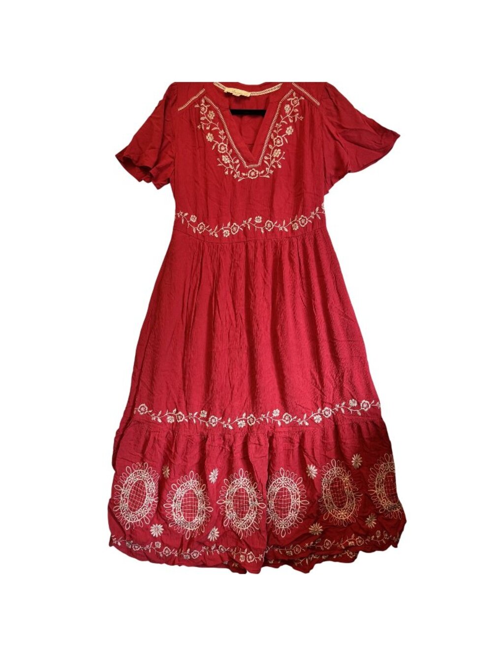 Nurture By Westbound Red Embroidered Midi Dress With Floral Details Gauze Small